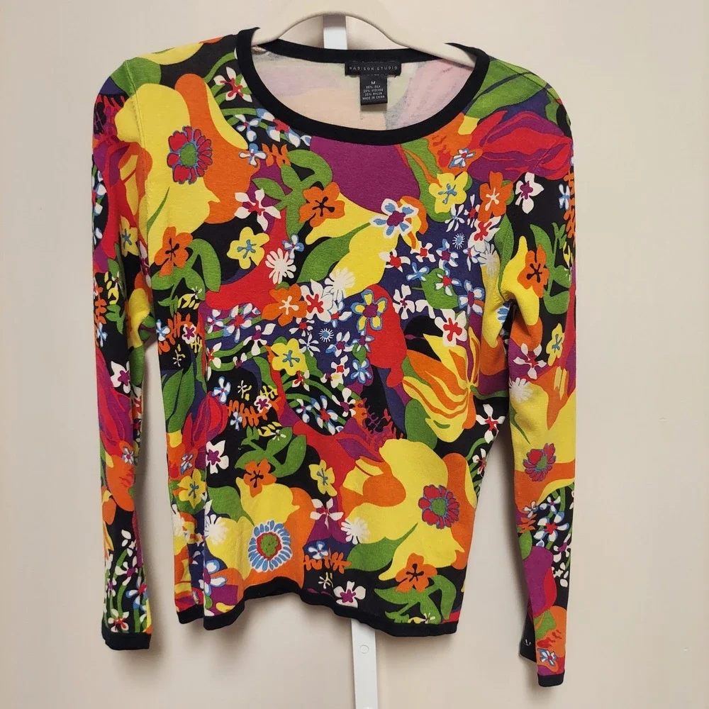 Madison Studio Womens Silk Blend Floral Psychedelic Long Sleeve Knit Top Multi M